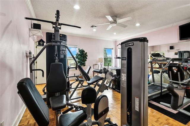 3805 3rd St, Metairie, LA 70002 - exercise area with crown molding, ceiling fan, a textured ceiling, baseboards, and recessed lighting