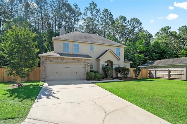 view of front of house with driveway, stucco siding, an attached garage, a chimney, and brick siding