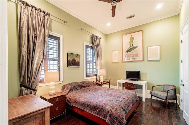 bedroom with hardwood / wood-style floors, ornamental molding, recessed lighting, baseboards, and ceiling fan