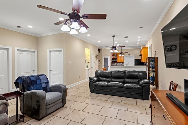 5805 Argonne Blvd, New Orleans, LA 70124 - living room with ceiling fan, recessed lighting, light tile patterned flooring, crown molding, and baseboards