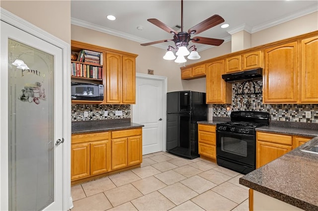 5805 Argonne Blvd, New Orleans, LA 70124 - kitchen featuring black appliances, under cabinet range hood, dark countertops, ceiling fan, and crown molding