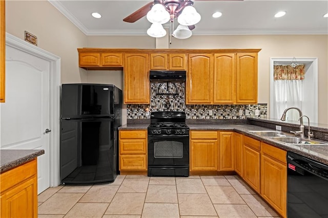 5805 Argonne Blvd, New Orleans, LA 70124 - kitchen featuring black appliances, a sink, backsplash, a ceiling fan, and ornamental molding