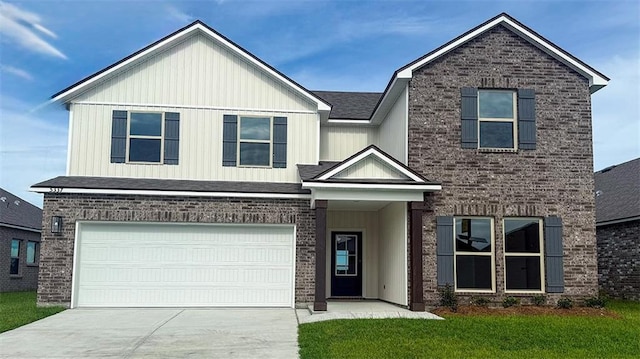 5337 Bypass Breeze Dr, Slidell, LA 70461 - view of front of property with driveway, an attached garage, brick siding, a front lawn, and board and batten siding