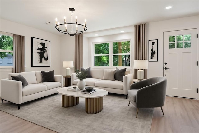 2004 Bluebird St, Slidell, LA 70460 - living area featuring light wood-style floors, plenty of natural light, a chandelier, and recessed lighting