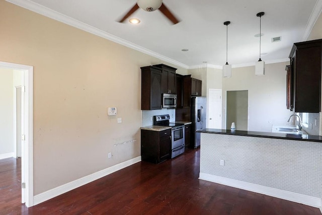 5106 Baccich St, New Orleans, LA 70122 - kitchen featuring stainless steel appliances, a ceiling fan, a sink, dark brown cabinetry, and dark wood-style floors