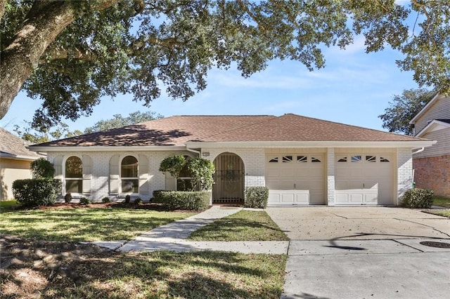 1305 Colony Pl, Metairie, LA 70003 - ranch-style home featuring brick siding, a garage, concrete driveway, a front yard, and roof with shingles
