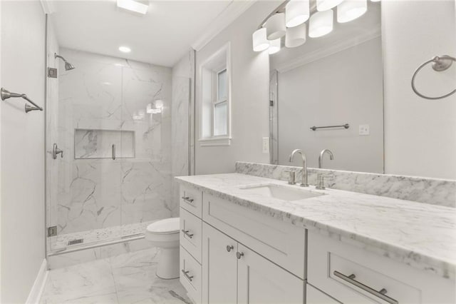 1305 Colony Pl, Metairie, LA 70003 - full bathroom with marble finish floors, a marble finish shower, toilet, vanity, and crown molding