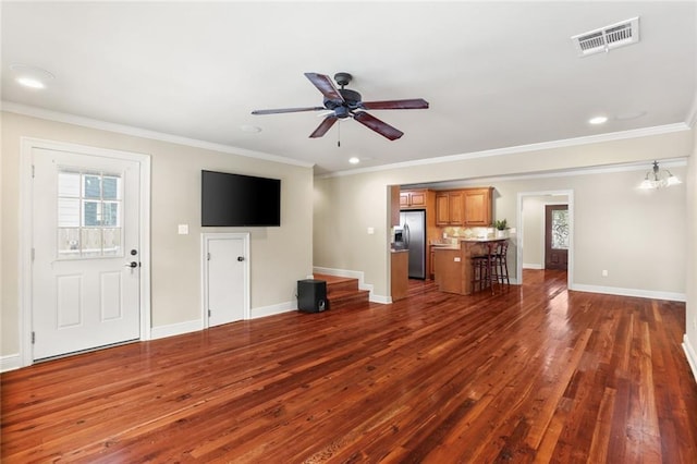 unfurnished living room with dark wood-style floors, a ceiling fan, baseboards, crown molding, and recessed lighting