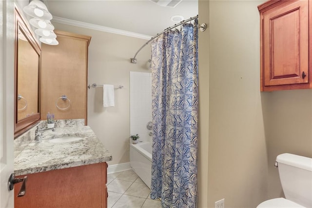 full bathroom featuring tile patterned flooring, crown molding, toilet, vanity, and shower / bathtub combination with curtain
