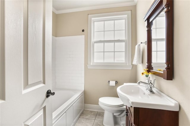 full bathroom featuring toilet, vanity, tile patterned flooring, ornamental molding, and baseboards
