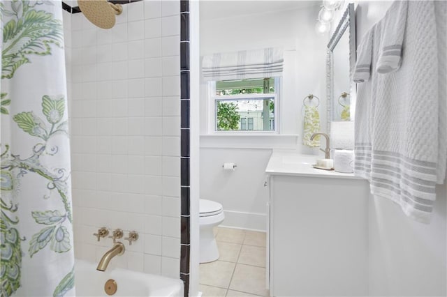 full bath with tile patterned floors, vanity, shower / bath combo with shower curtain, and toilet