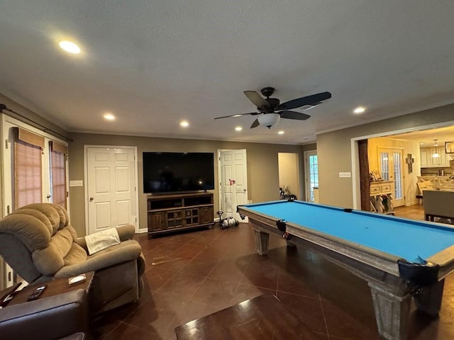 208 Noble Dr, Brookhaven, MS 39601 - recreation room with recessed lighting, dark tile patterned flooring, pool table, ceiling fan, and baseboards