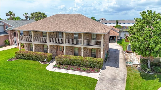 back of property with brick siding, concrete driveway, covered porch, and a yard