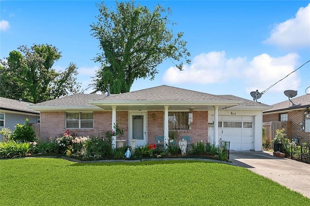 ranch-style home featuring a garage, concrete driveway, brick siding, and covered porch