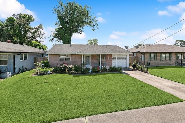 ranch-style house featuring concrete driveway, an attached garage, and brick siding