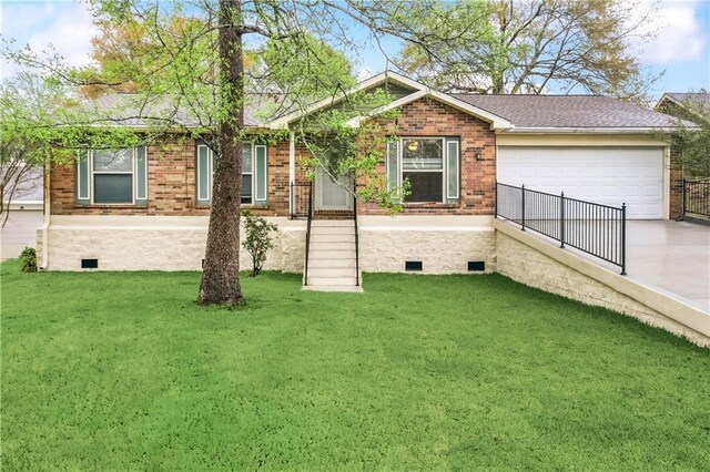 single story home featuring driveway, crawl space, brick siding, a garage, and roof with shingles