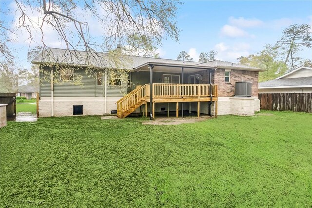 rear view of house featuring a wooden deck, stairs, and cooling unit