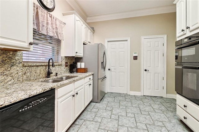 410 Doctor Gorman Dr, Belle Chasse, LA 70037 - kitchen with black appliances, a sink, ornamental molding, white cabinets, and tasteful backsplash