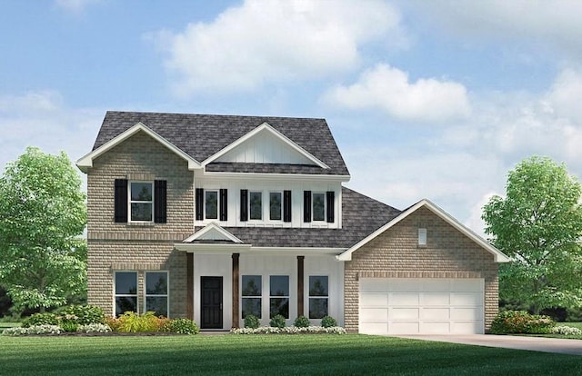 view of front of home with an attached garage, a front lawn, roof with shingles, and brick siding