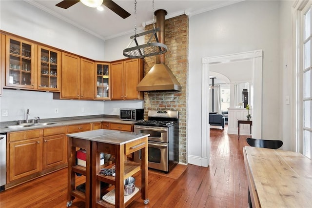 kitchen with appliances with stainless steel finishes, a sink, ceiling fan, ornamental molding, and wood-type flooring