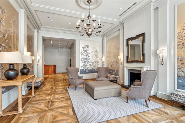700 Magazine St Unit 513, New Orleans, LA 70130 - living area featuring ornamental molding, a fireplace, a chandelier, attic access, and baseboards