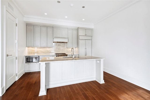 700 Magazine St Unit 513, New Orleans, LA 70130 - kitchen featuring stainless steel microwave, gray cabinets, light countertops, a sink, and an island with sink
