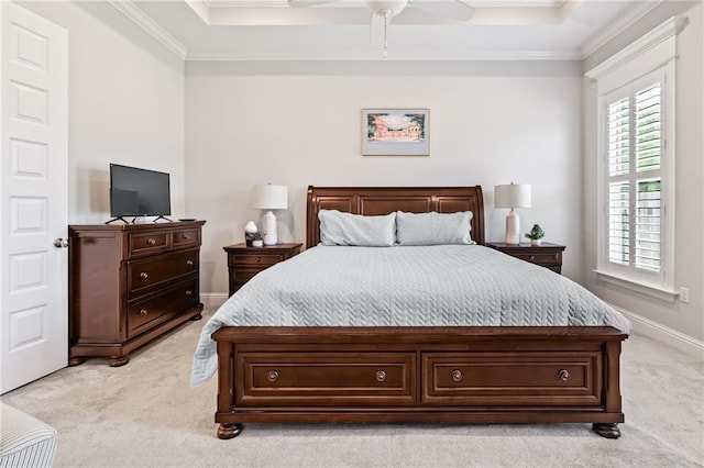 2021 Cypress Bend Dr, Madisonville, LA 70447 - bedroom featuring light colored carpet, crown molding, a raised ceiling, baseboards, and ceiling fan