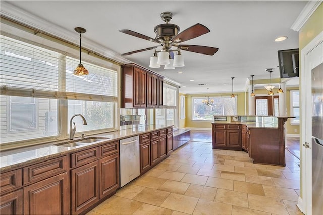 3630 Octavia St, New Orleans, LA 70125 - kitchen featuring dishwasher, a sink, ornamental molding, ceiling fan, and baseboards