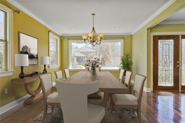 3630 Octavia St, New Orleans, LA 70125 - dining area with a chandelier, baseboards, hardwood / wood-style flooring, ornamental molding, and french doors