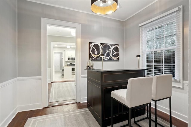 724 Port St, New Orleans, LA 70117 - bar area featuring appliances with stainless steel finishes, dark wood-style floors, crown molding, a decorative wall, and a wainscoted wall