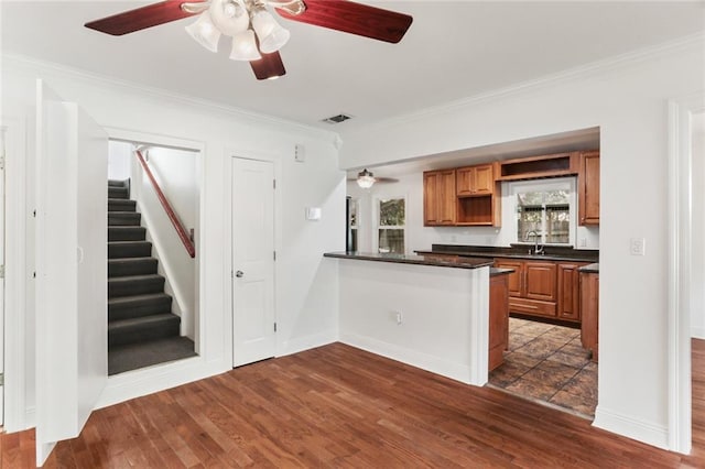 6415 Marshal Foch St, New Orleans, LA 70124 - kitchen with a sink, crown molding, a ceiling fan, dark countertops, and dark wood finished floors