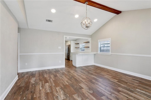 320 Wainwright Dr, Harahan, LA 70123 - unfurnished living room featuring a chandelier, beam ceiling, dark wood-style flooring, recessed lighting, and high vaulted ceiling