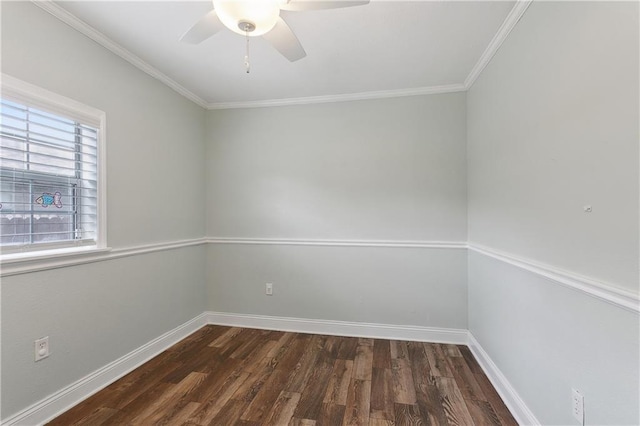 unfurnished room featuring wood finished floors, a ceiling fan, baseboards, and ornamental molding