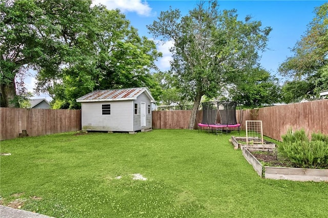 view of yard with a trampoline, a garden, an outbuilding, and a shed