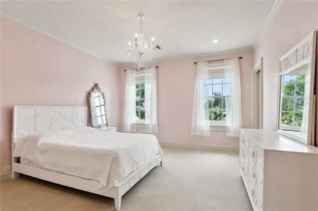 54 Beresford Dr, Metairie, LA 70001 - bedroom with a chandelier, crown molding, light carpet, baseboards, and recessed lighting