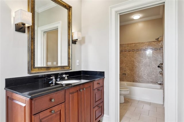 54 Beresford Dr, Metairie, LA 70001 - full bath featuring ornamental molding, toilet, vanity, tile patterned floors, and washtub / shower combination