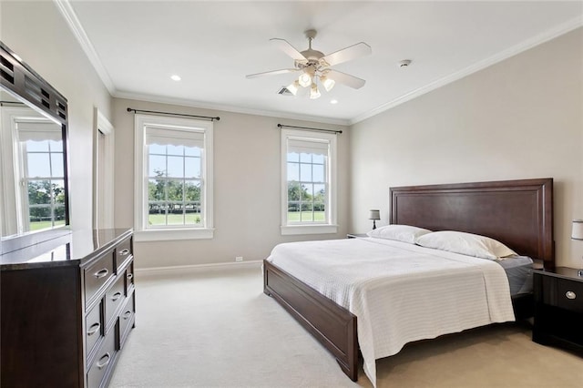54 Beresford Dr, Metairie, LA 70001 - bedroom with light carpet, crown molding, baseboards, a ceiling fan, and recessed lighting