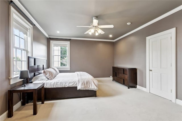54 Beresford Dr, Metairie, LA 70001 - bedroom featuring baseboards, ornamental molding, recessed lighting, carpet, and a ceiling fan