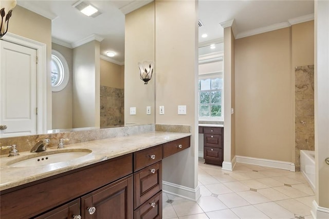 54 Beresford Dr, Metairie, LA 70001 - bathroom featuring crown molding, a tub to relax in, vanity, tile patterned floors, and a shower