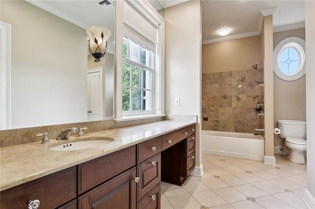 54 Beresford Dr, Metairie, LA 70001 - bathroom featuring toilet, ornamental molding, vanity, bathtub / shower combination, and tile patterned flooring