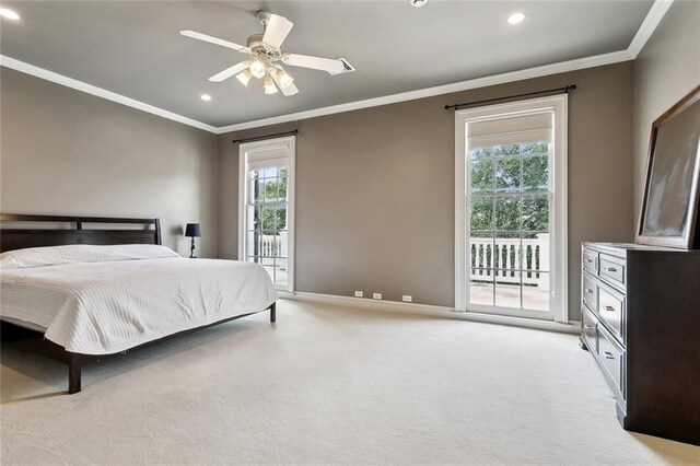 54 Beresford Dr, Metairie, LA 70001 - bedroom featuring recessed lighting, crown molding, baseboards, light colored carpet, and access to exterior