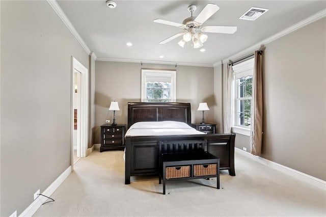 54 Beresford Dr, Metairie, LA 70001 - bedroom featuring ornamental molding, baseboards, light carpet, recessed lighting, and a ceiling fan