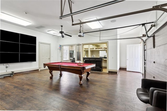 54 Beresford Dr, Metairie, LA 70001 - rec room featuring wood finished floors, billiards, a ceiling fan, and baseboards