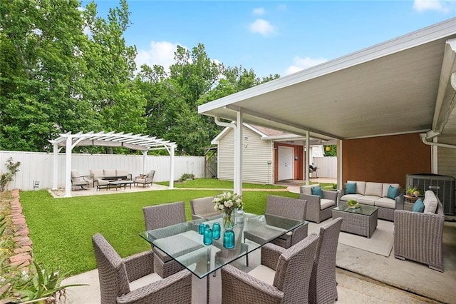 2930 Laurie Ln, Marrero, LA 70072 - view of patio with an outdoor hangout area, a pergola, central AC unit, outdoor dining space, and an outdoor structure