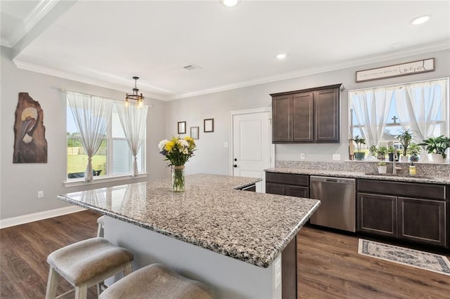 19916 Church Branch Rd, Springfield, LA 70462 - kitchen with dishwasher, a sink, a center island, dark wood-type flooring, and ornamental molding