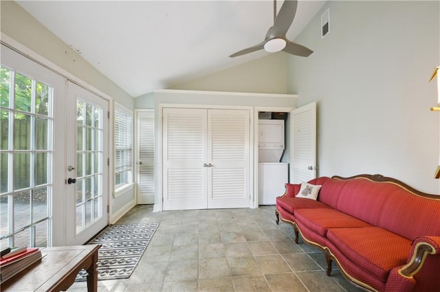 8216 Spruce St, New Orleans, LA 70118 - living room with lofted ceiling, french doors, and a ceiling fan