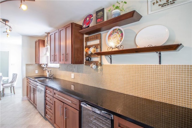kitchen with open shelves, beverage cooler, dark countertops, decorative backsplash, and a sink
