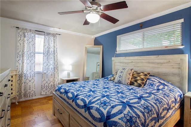 bedroom featuring ornamental molding and ceiling fan