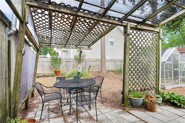 403 Athania Pkwy, Metairie, LA 70001 - view of patio / terrace featuring a fenced backyard, a greenhouse, and a pergola