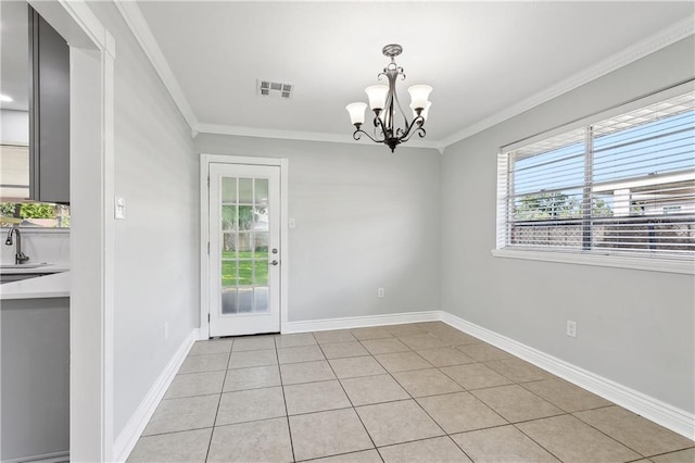 4933 Sanford St, Metairie, LA 70006 - unfurnished room featuring a chandelier, crown molding, a sink, light tile patterned floors, and baseboards